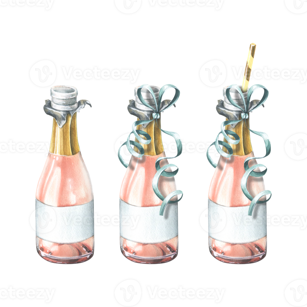 A opened bottles of pink champagne with a festive ribbon and a cocktail tube. Watercolor illustration. An isolated objects from a large set of HAPPY BIRTHDAY. For decoration and design. png