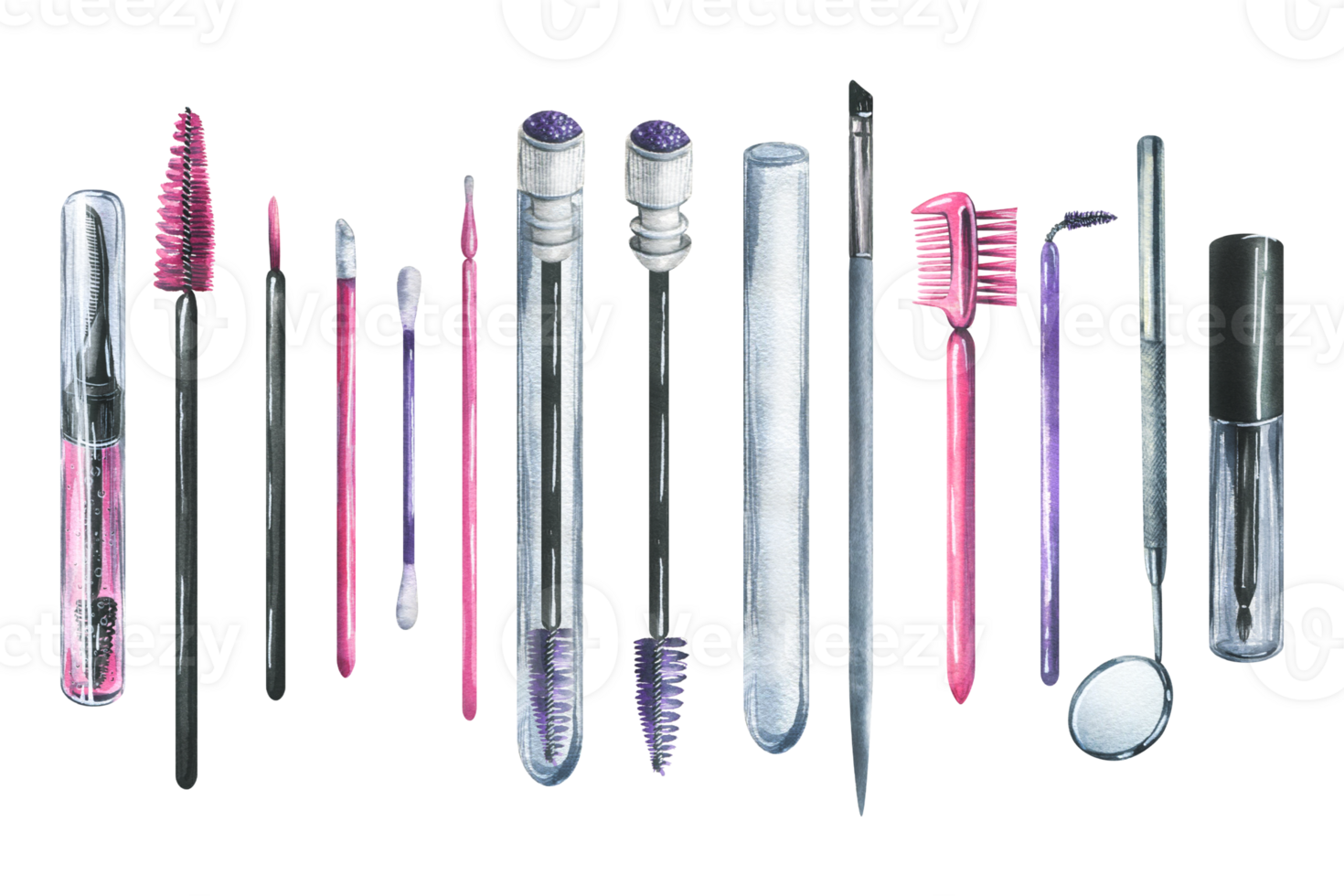 Various brushes, combs, applicators, a mirror, a cotton swab for makeup, lamination and eyelash extensions. Watercolor illustration, hand drawn. Set of isolated items png