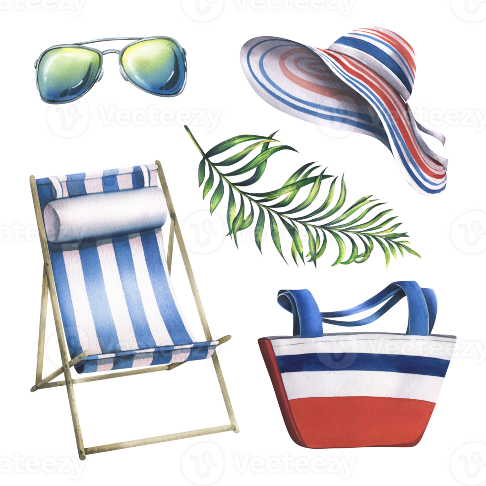 un conjunto de playa accesorios, sombreros, un bolsa, un cubierta silla, Gafas de sol y un palma rama. acuarela ilustración, mano dibujado. clipart aislado objetos. para verano. png