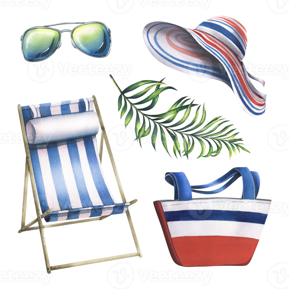 ein einstellen von Strand Zubehör, Hüte, ein Tasche, ein Deck Stuhl, Sonnenbrille und ein Palme Ast. Aquarell Illustration, Hand gezeichnet. Clip Art isoliert Objekte. zum Sommer. png