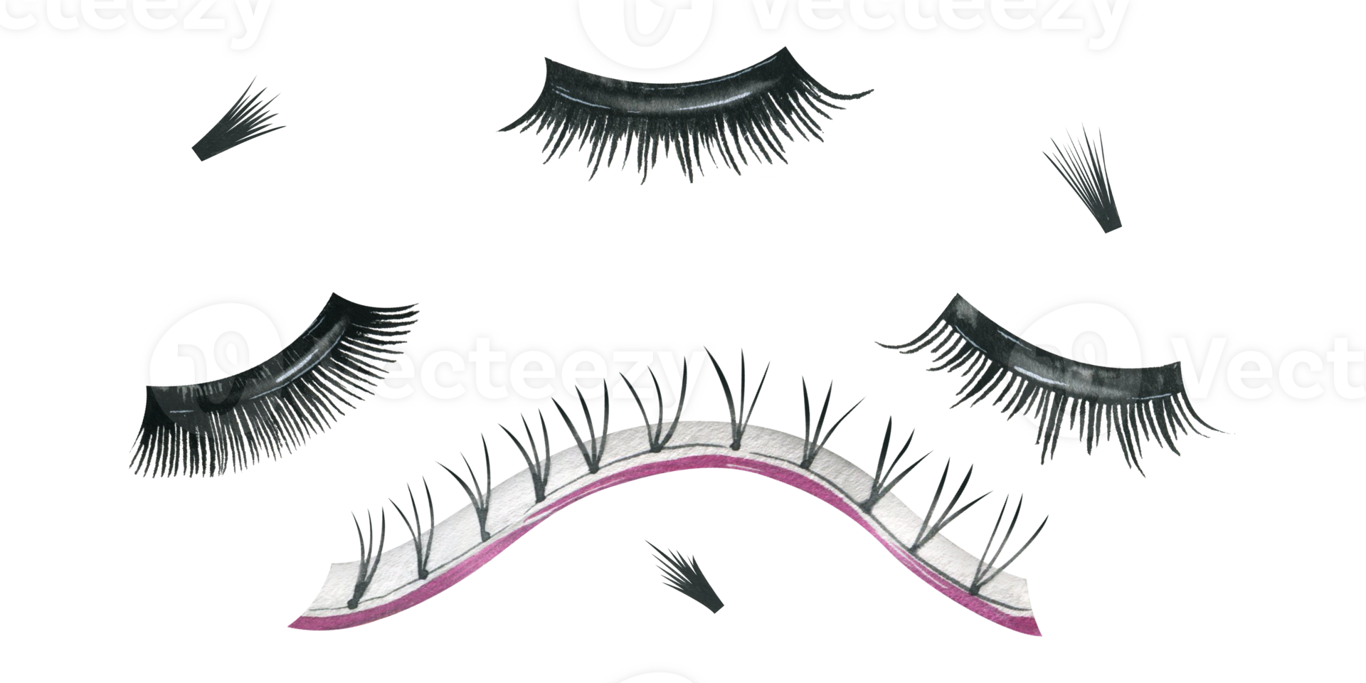 False eyelashes for sticking and extensions, black in a package and bundles on a tape. Watercolor illustration, hand drawn. Set of isolated objects. For beauty salons. png