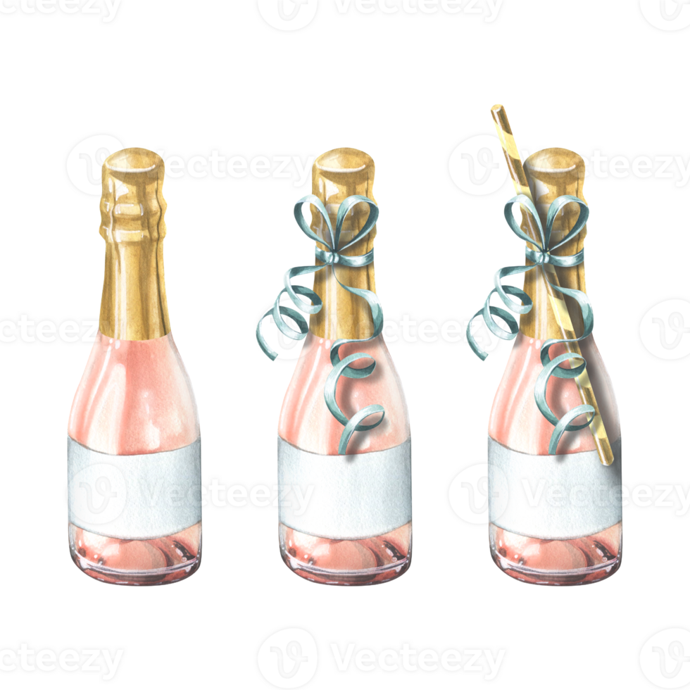 een Gesloten flessen van roze Champagne met een feestelijk lintje. waterverf illustratie. een geïsoleerd voorwerpen van een groot reeks van gelukkig verjaardag. voor decoratie en ontwerp. png