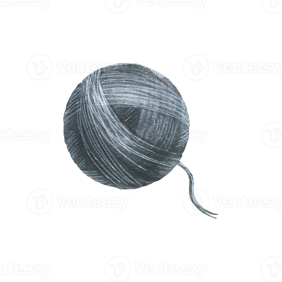 Ball of thread, yarn of grey colors. Watercolor illustration. Isolated object from a large set of COZY WINTER. For decoration, design, decor, compositions, frames, bards, logos, needlework. png