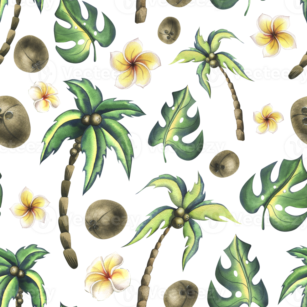 Tropical coconut palms and monstera leaves with frangipani flowers. Watercolor illustration, cartoon style, hand drawn. Seamless pattern. For fabric, wallpaper, paper, packaging. png