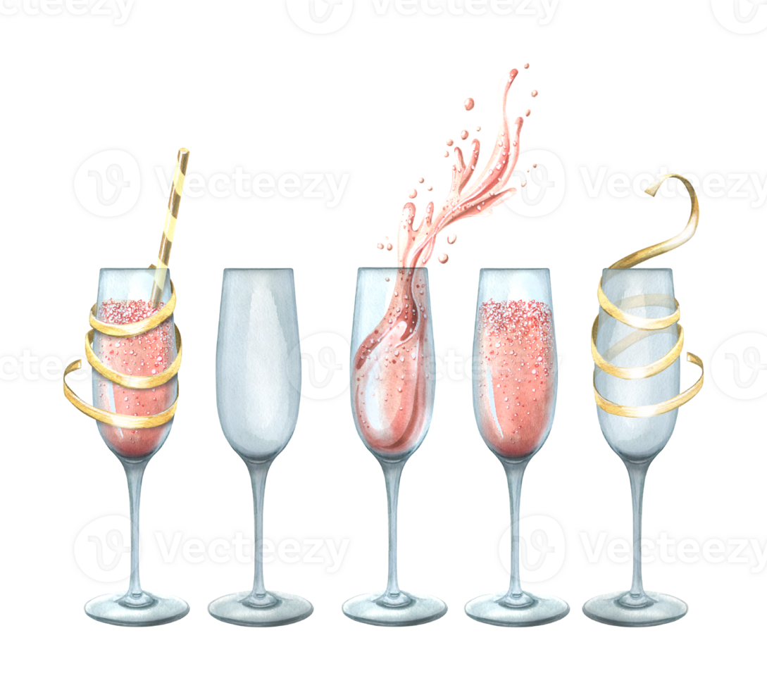 bicchieri con rosa Champagne, vuoto con un' nastro e un' cocktail tubo. acquerello illustrazione. isolato oggetti a partire dal un' grande impostato di contento compleanno. per decorazione e disegno, composizione png