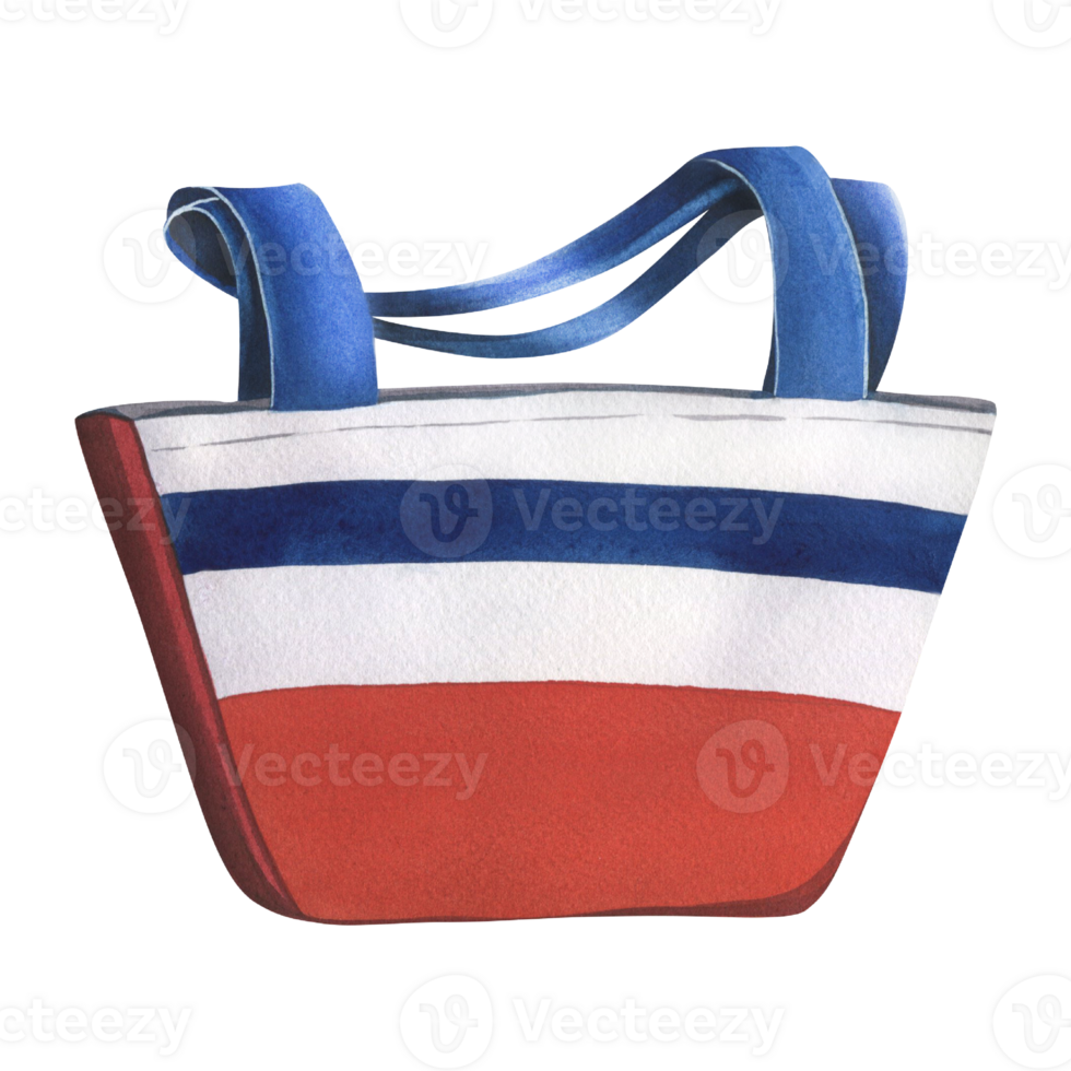 strand, zomer tas, kleding stof, gestreept rood, blauw en wit. waterverf illustratie, hand- getrokken. geïsoleerd voorwerp. voor composities, stickers, afdrukken, accessoires. png