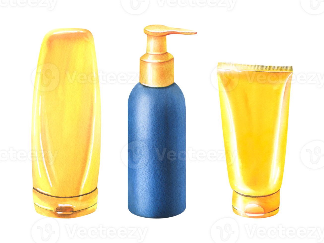 Tubes for sunscreen, yellow, blue. Watercolor illustration. Isolated objects from BEACH HOLIDAY collection. For design of summer any cosmetics, advertising, presentation. png