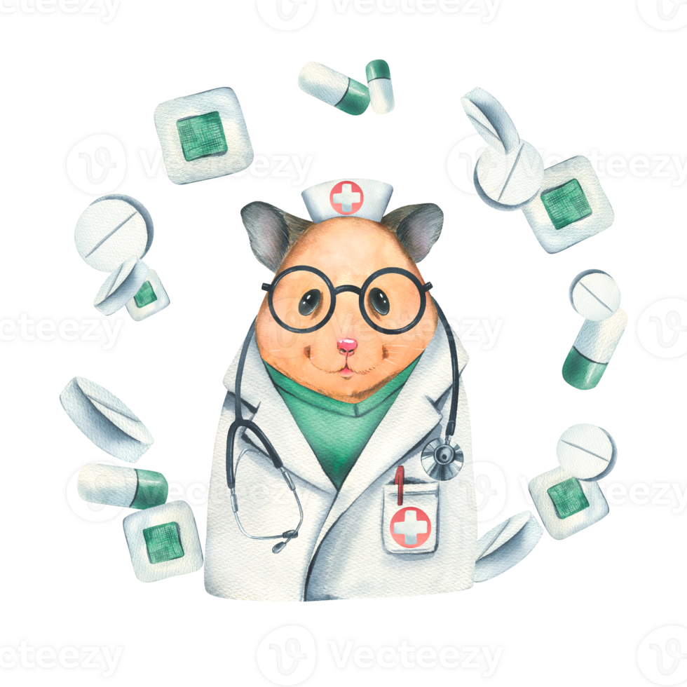 Hamster doctor in glasses with a stethoscope, in a medical uniform with adhesive plasters and pills. Watercolor illustration, hand drawn. Isolated composition . For clinics. png