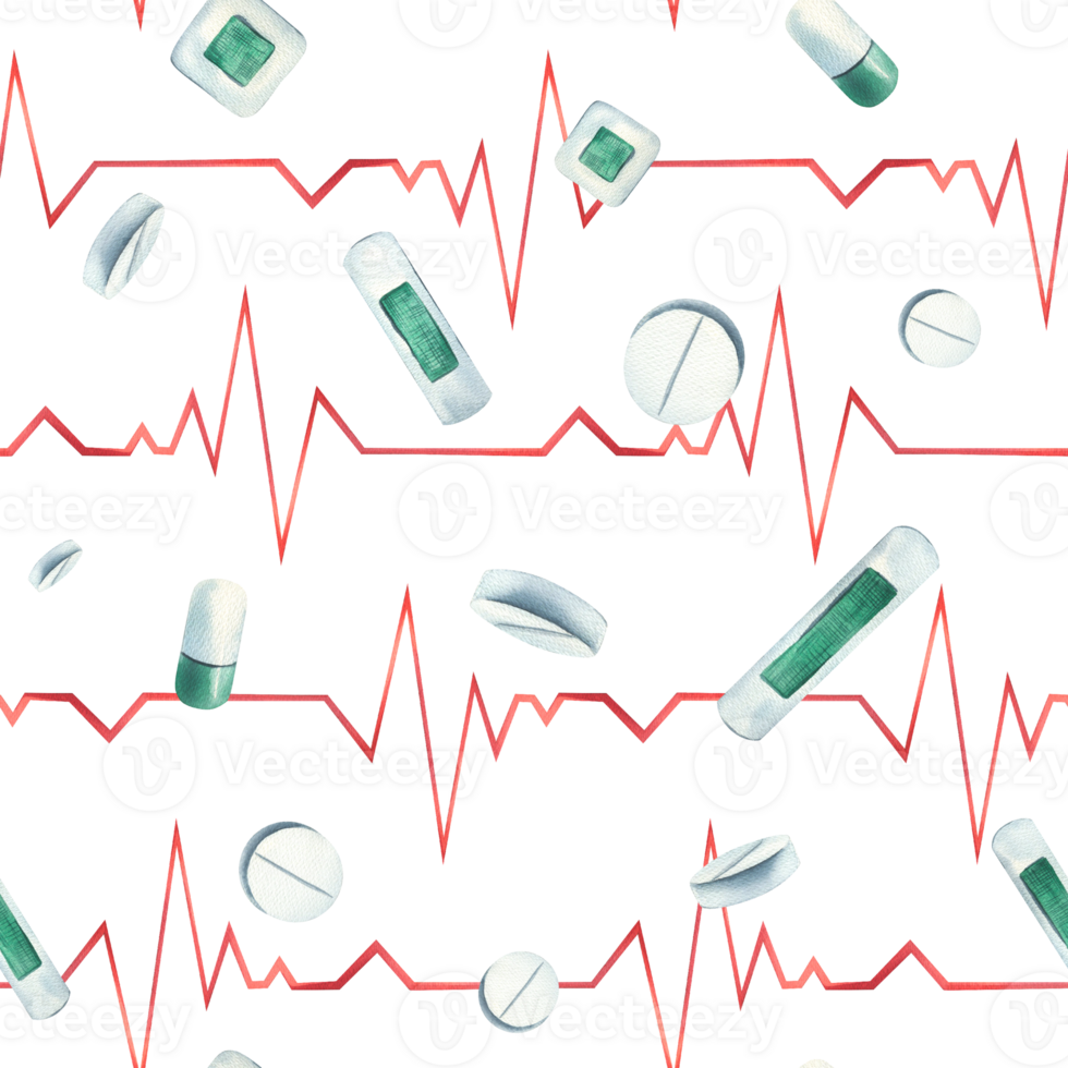 Seamless pattern with cardiogram, adhesive tape and pills. Watercolor illustration, hand drawn, isolated. For the design of clinics, hospitals, pharmacies, medicines. png