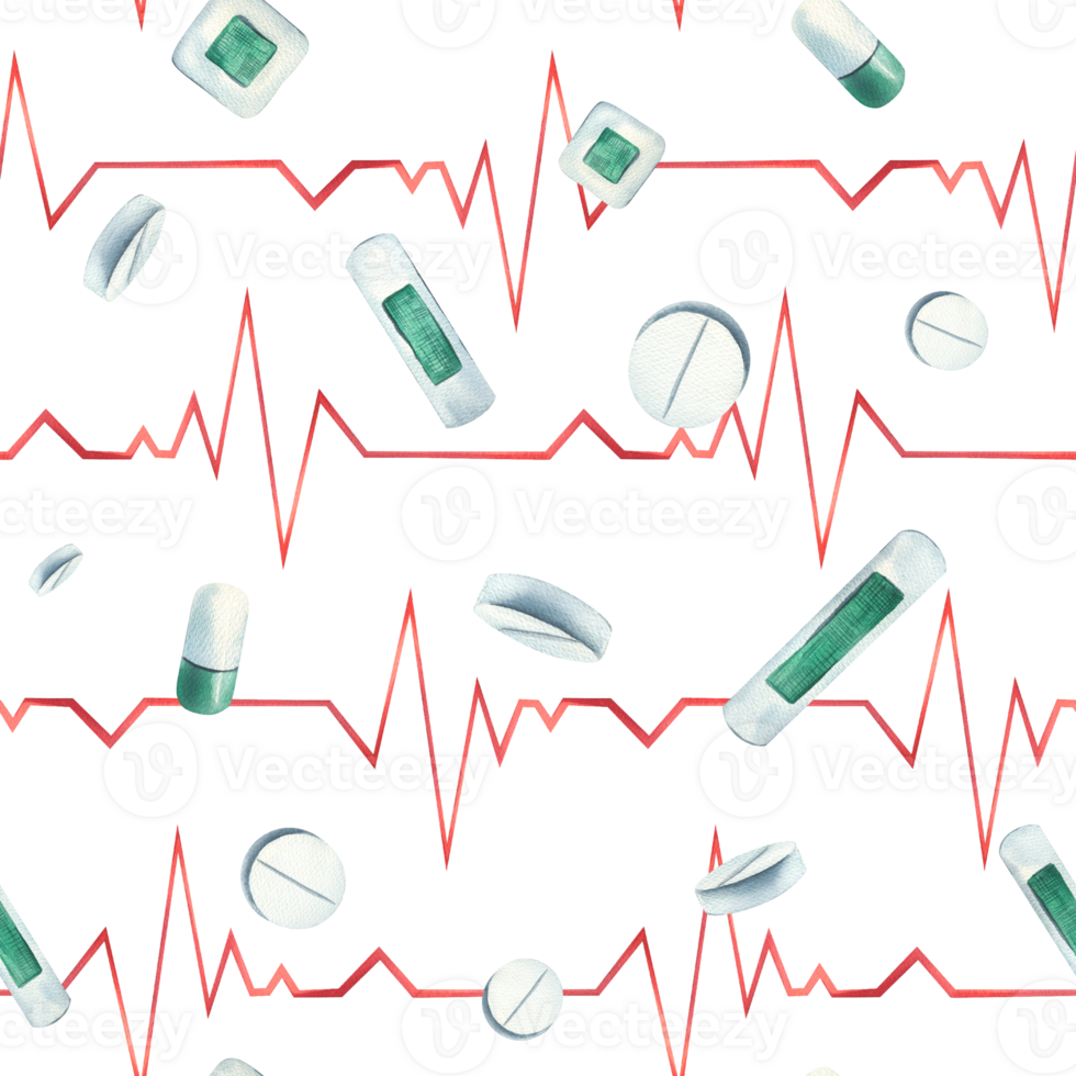 desatado padronizar com cardiograma, adesivo fita e pílulas. aguarela ilustração, mão retirou, isolado. para a Projeto do clínicas, hospitais, farmácias, medicação. png