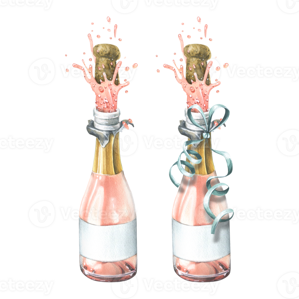 A bottles of pink champagne with a festive ribbon and a fountain, an explosion of champagne with a cork. Watercolor illustration. An isolated objects from a large set of HAPPY BIRTHDAY png
