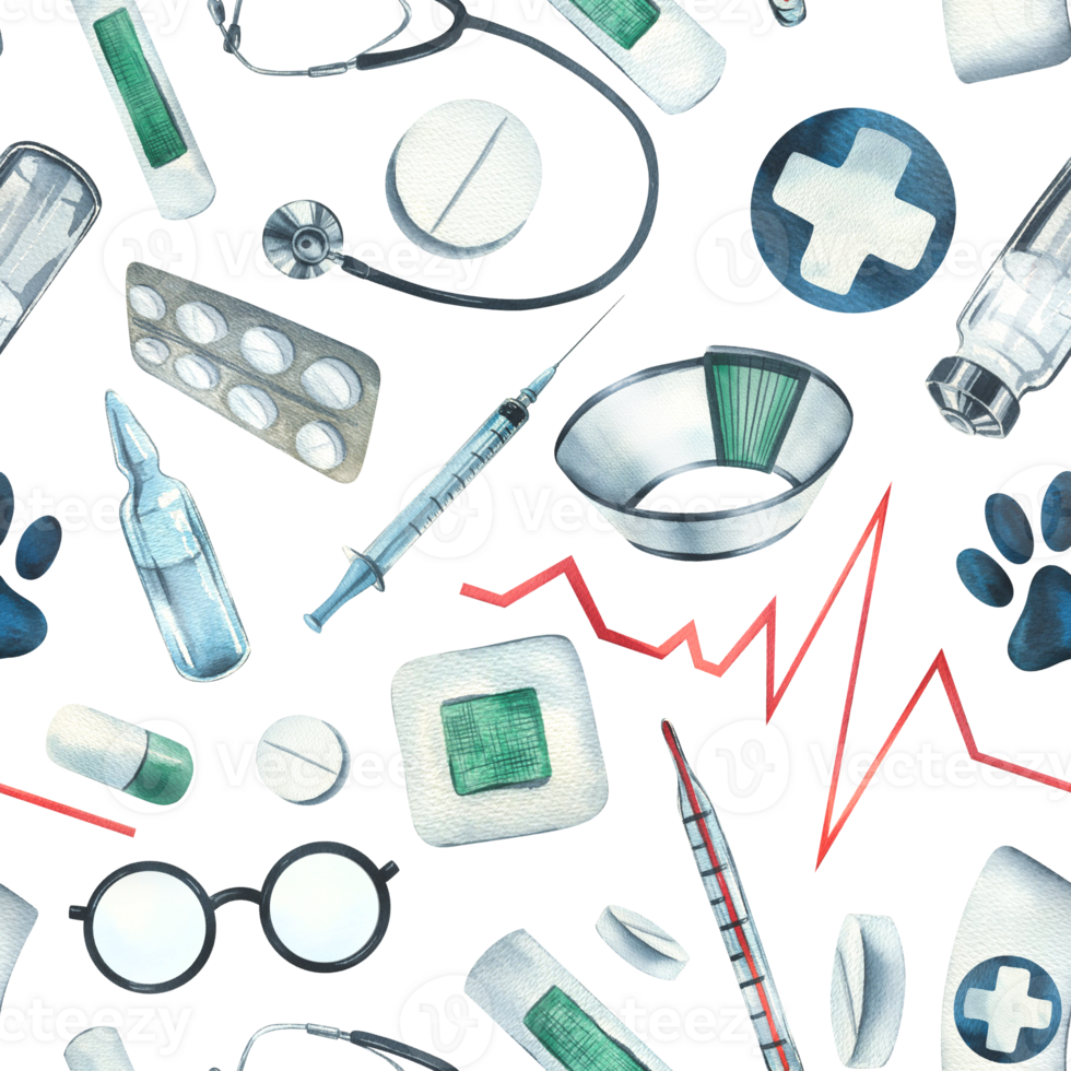 vétérinaire médical instruments, médicaments, stéthoscope, bleu traverser. aquarelle illustration, main dessiné. sans couture modèle pour fond d'écran, emballage, tissu, vêtements. png