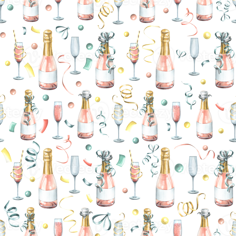 flessen en bril met roze Champagne, met feestelijk linten. waterverf illustratie. naadloos patroon van een groot reeks van gelukkig verjaardag. voor Gefeliciteerd en cadeaus png