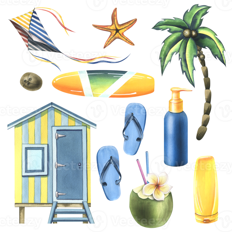 A set of pictures with beach cabin, surfboard, summer vacation and vacation accessories, palms, sunscreen. Watercolor illustration, hand drawn. Isolated objects . Clip art. png