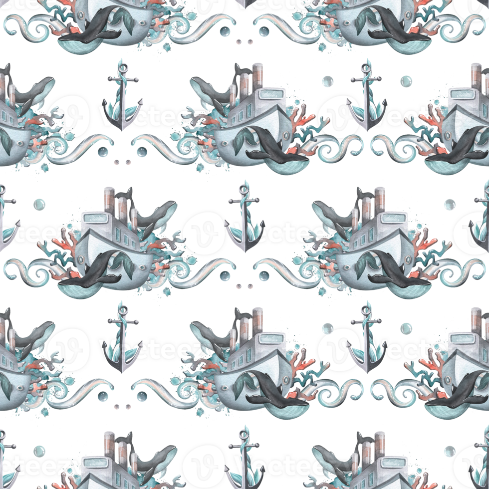 A steamer with whales, corals and splashes of water. Watercolor illustration. Seamless pattern. For the textile, fabric, wallpaper, paper, scrapbooking png