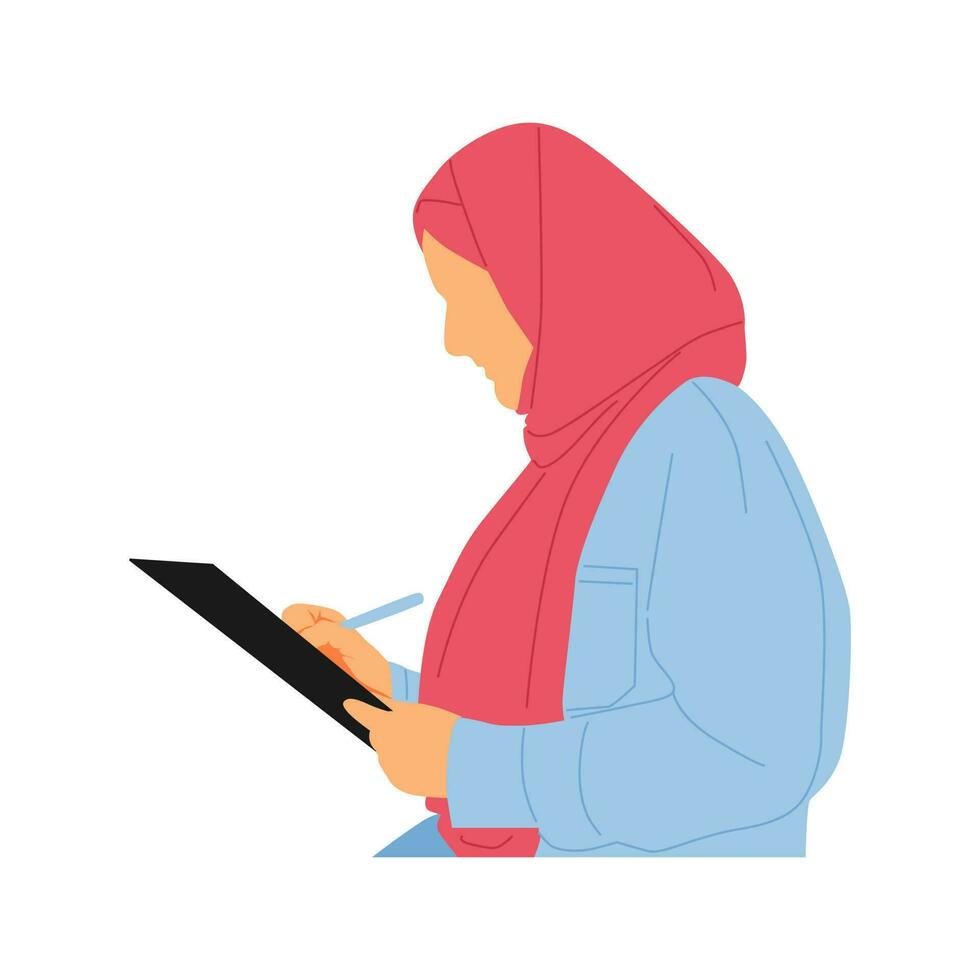 ilustración de mujer a trabajo tomando notas en portapapeles vector
