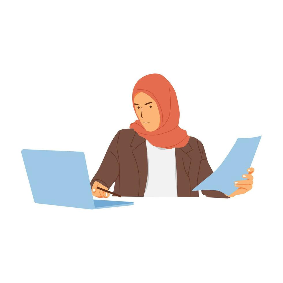 illustration of a hijab woman working in an office vector