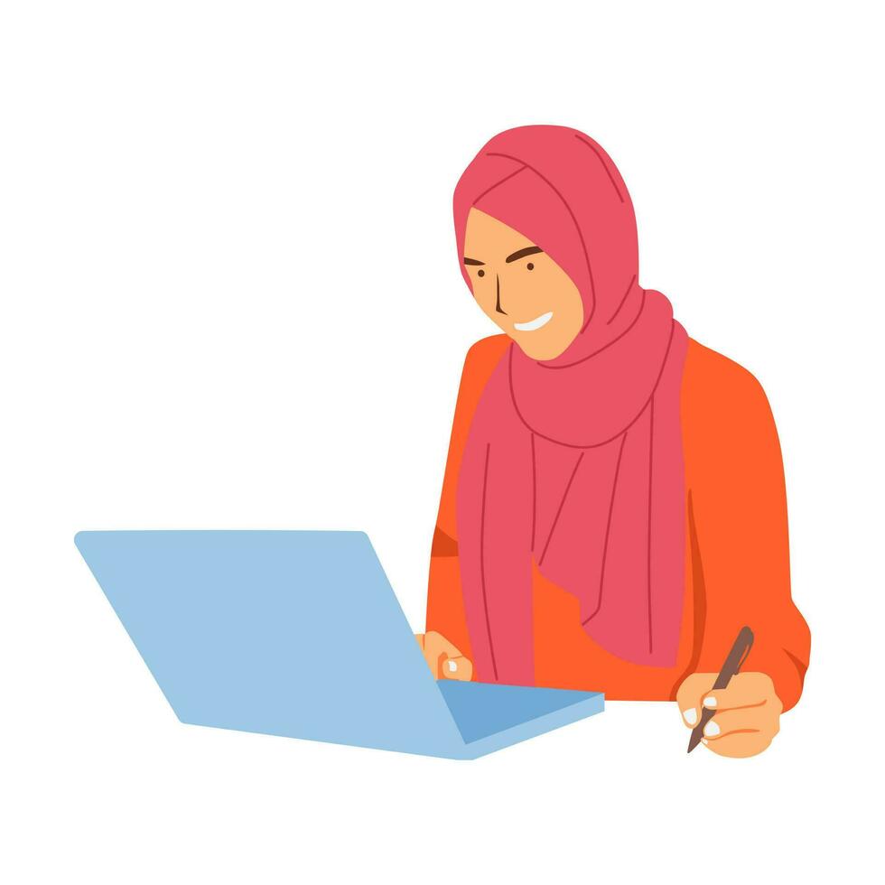 illustration of a hijab woman working in an office vector