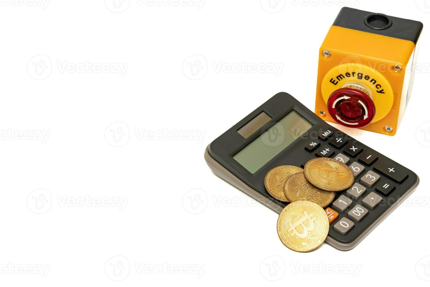 calculator bitcoin and stop button isolated on white background, calculation of profitability. financial disaster and crisis protection when market price fall. photo