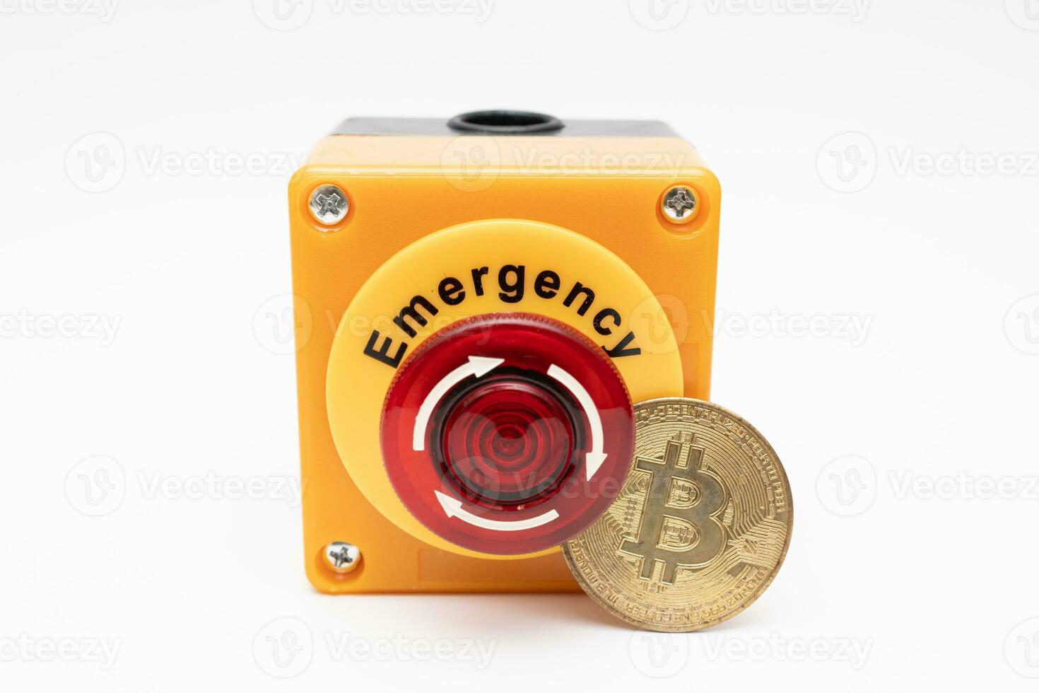 crypto currency price stop loss concept, big red pushing emergency stop button on white background. financial disaster and crisis protection when market price fall. photo