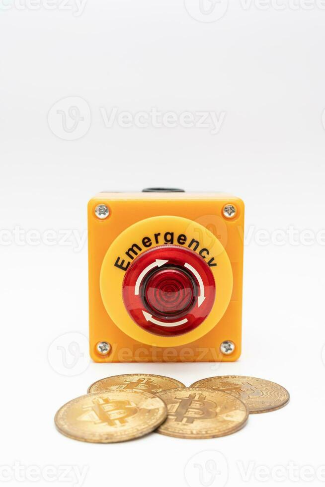 crypto currency price stop loss concept, big red pushing emergency stop button on white background. financial disaster and crisis protection when market price fall. photo