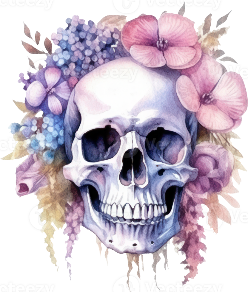 crânio e flores aguarela ilustração. ai gerado png
