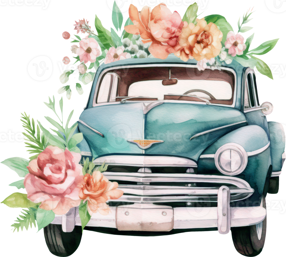 Hand drawn car with flowers illustration on transparent background