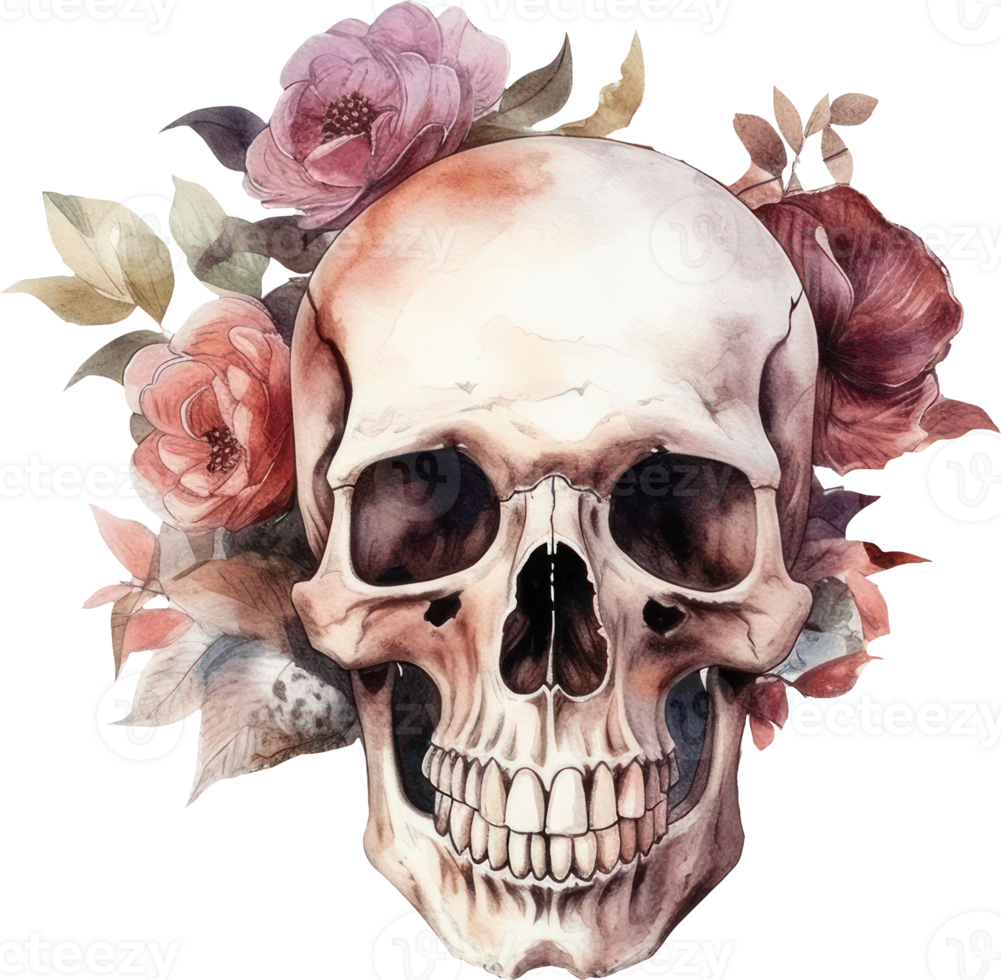 Skull and Flowers Watercolor Illustration. png
