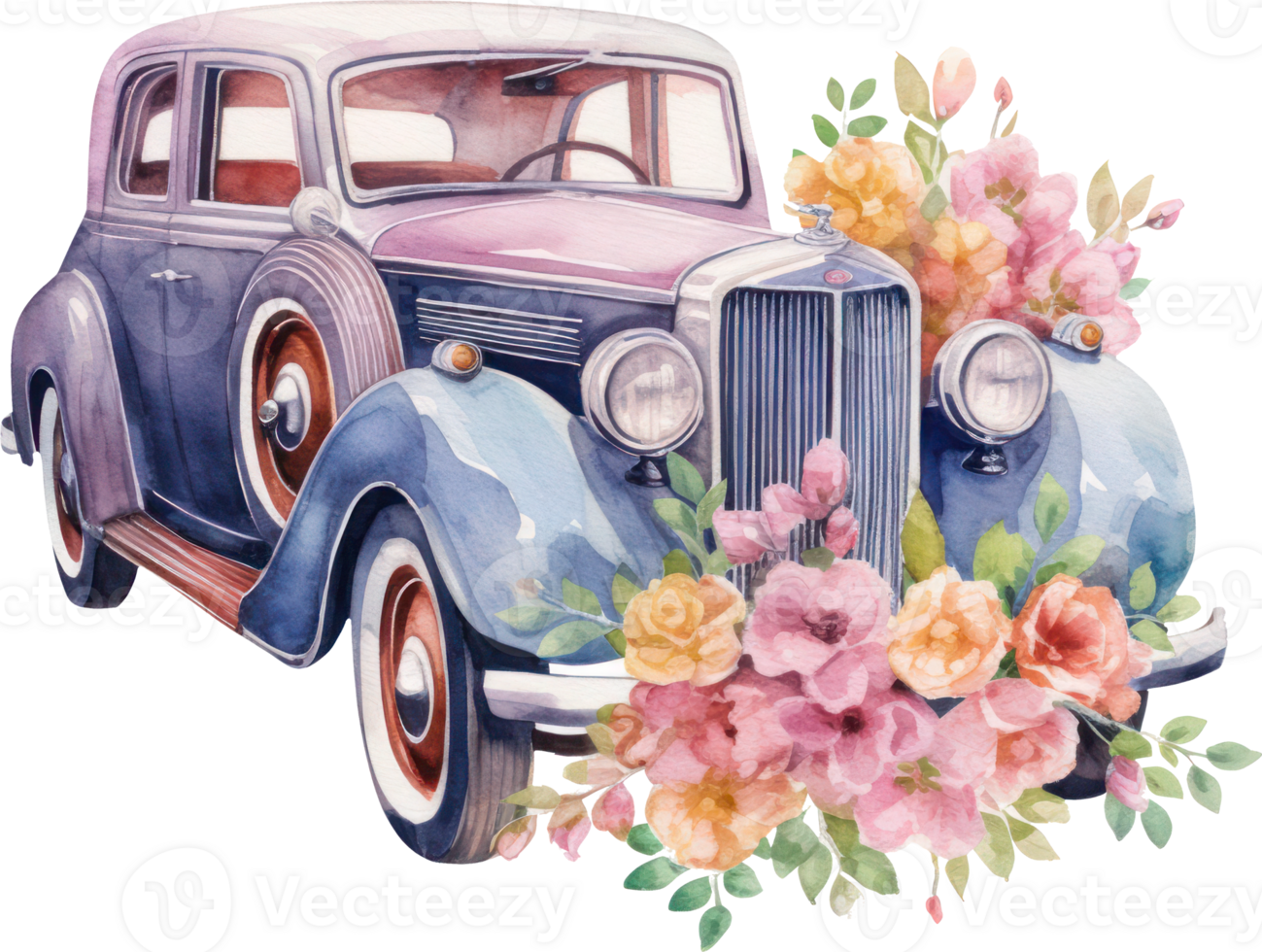 vintage carro Casamento aquarela. ai gerado png