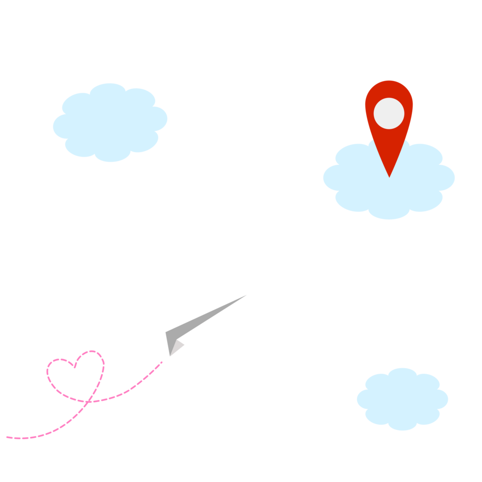 Paper plane fly to destination. Survey flight or travel dash line to point of location. Romantic journey. png