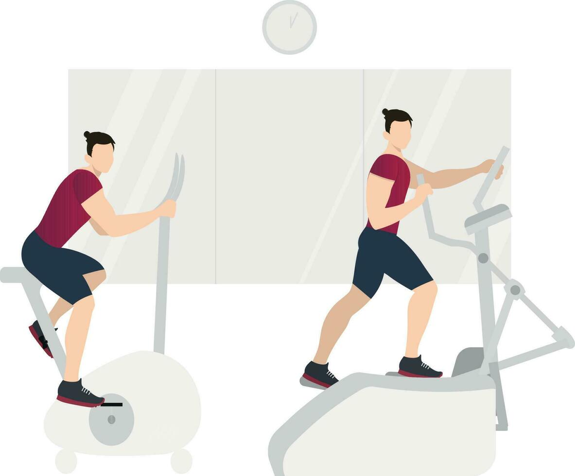 Boy exercising on gym equipment. vector