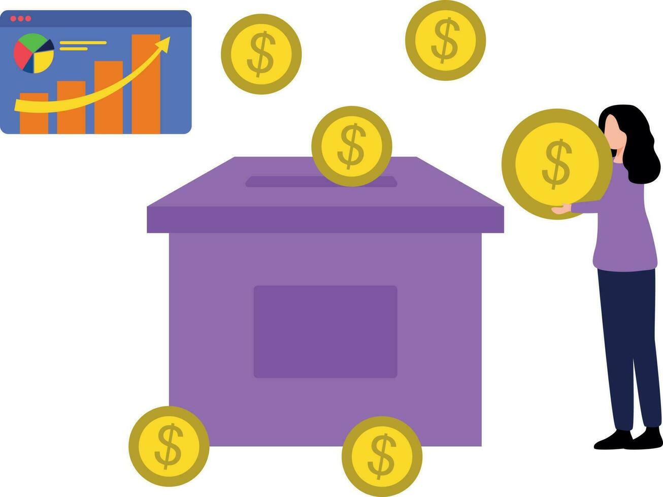 The girl is saving money in a box. vector