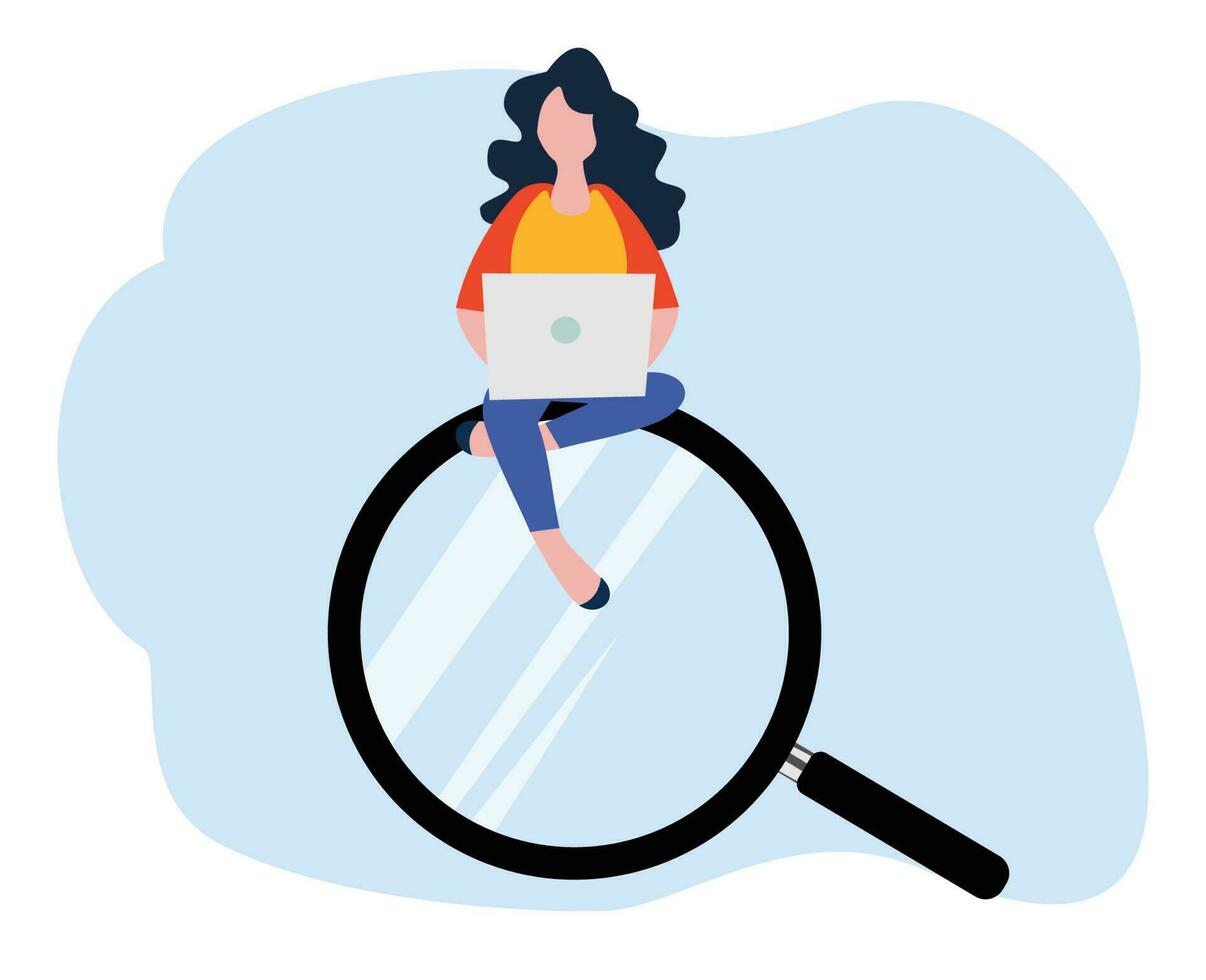 a woman with a laptop is sitting on a large magnifying glass. concept of searching for information on the internet vector