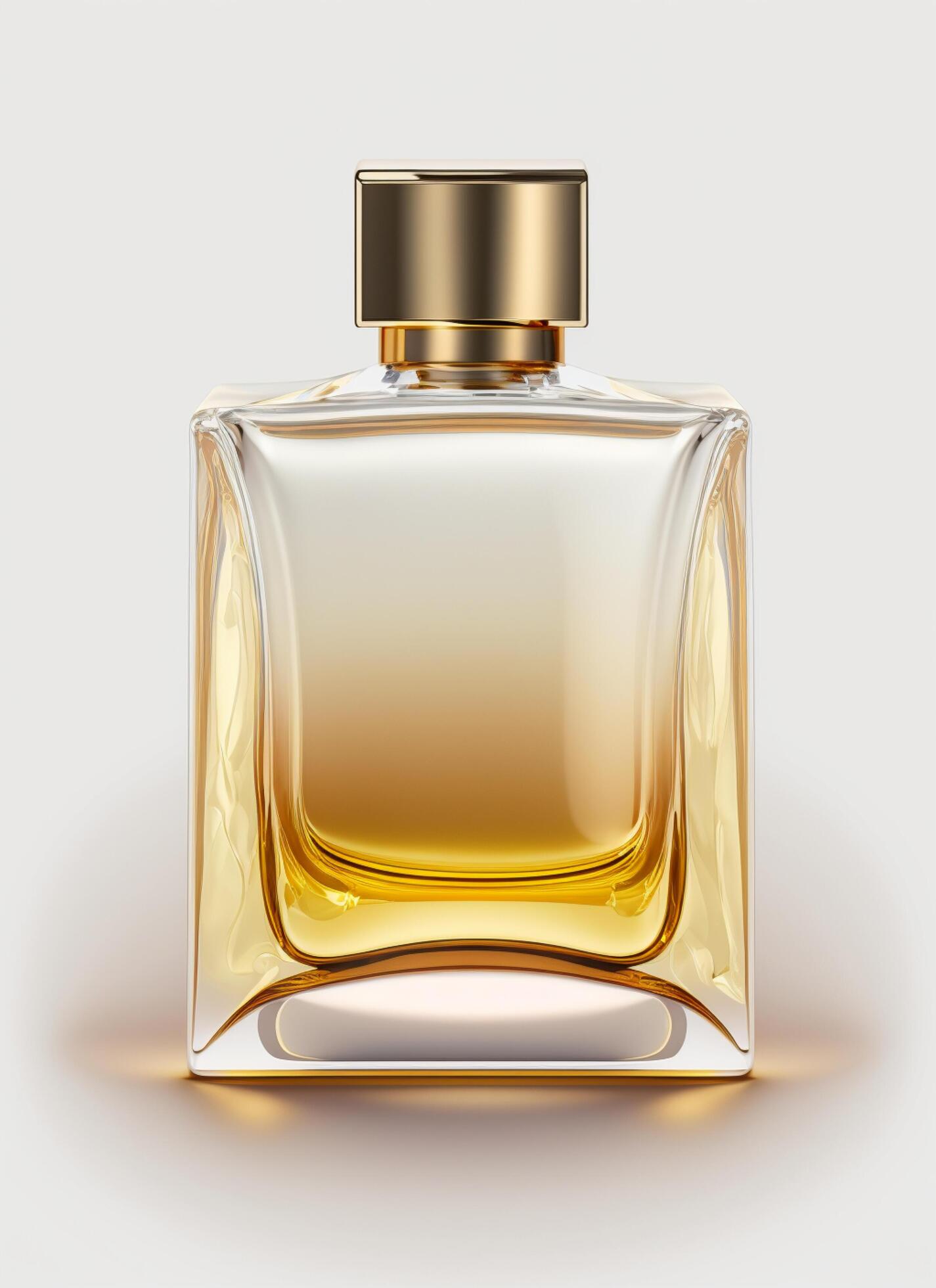 A high class bottle of glass perfume with yellow liquid. Aromatic