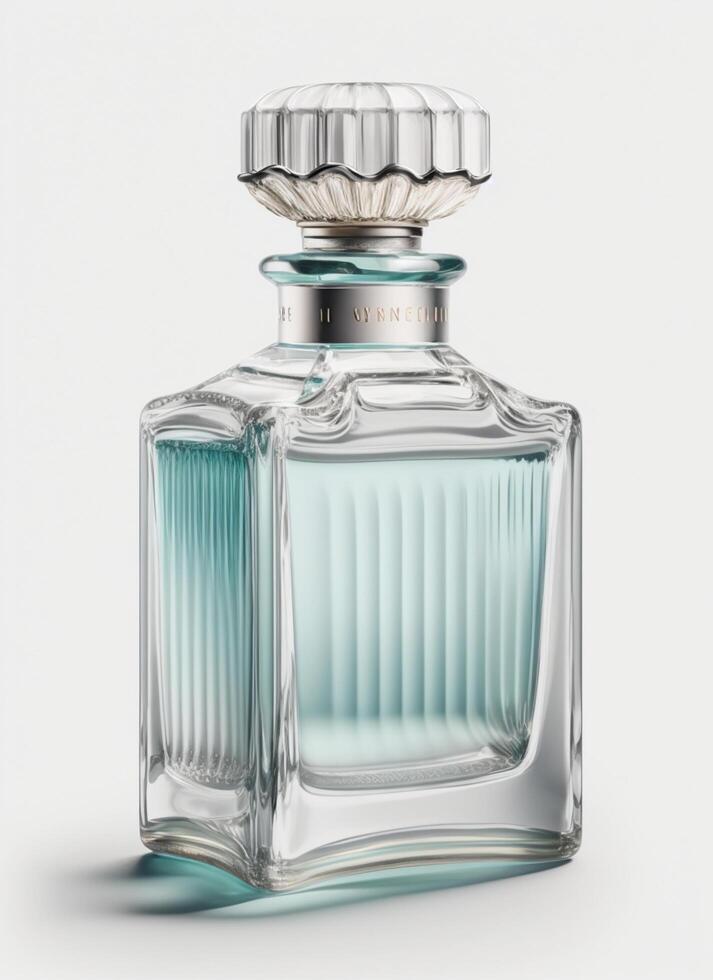 A high class bottle of glass perfume with light blue liquid. Aromatic perfume bottles on white background. Beauty product, cosmetic, perfume day, fragrance day or perfume launch event by photo
