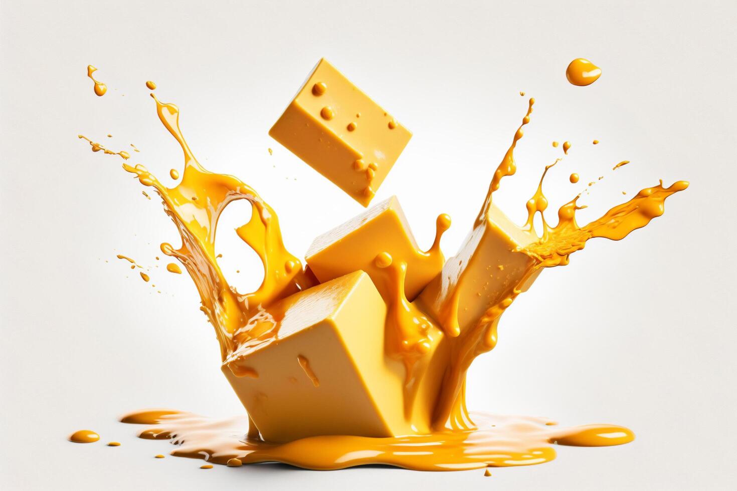 A delicious melting cheese splash in a realistic style. Hot cheese or cheddar splash. Tasty cheese liquid splash. Cheese sauce crown splash. For italian food, world cheese day, dessert by photo