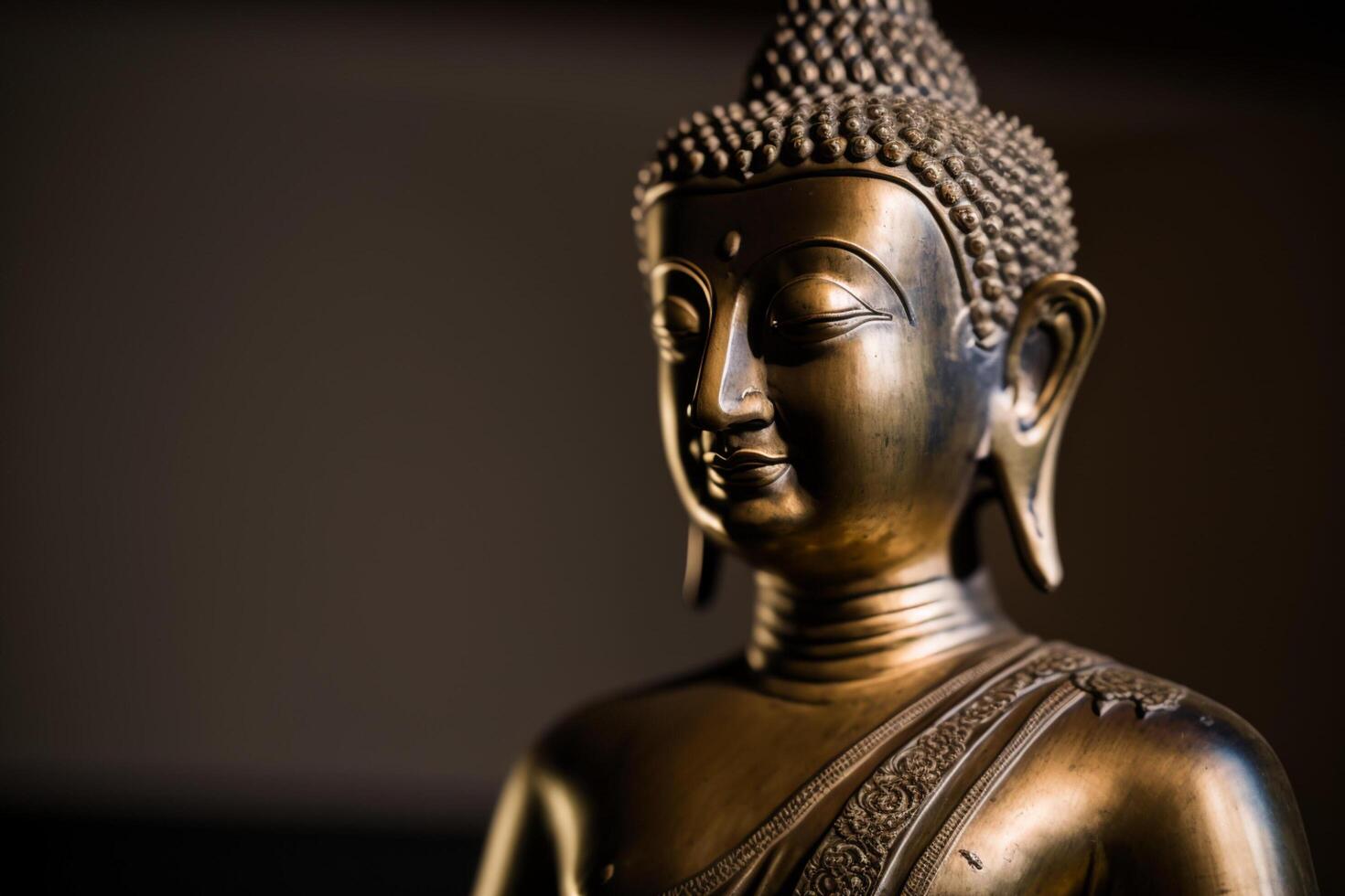 A thai buddha statue sits and meditating at buddhist temple. Ancient thailand buddha face. Background for vesak festival celebration. Vesak day concept. Vesak celebration day greetings by photo