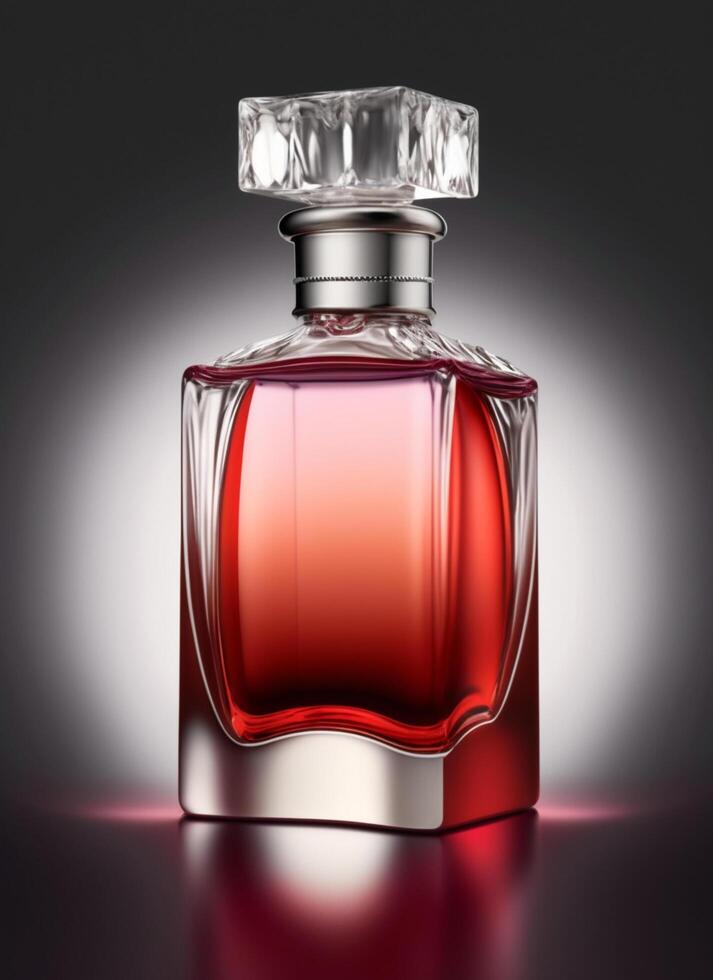 A high class bottle of glass perfume with light red liquid. Aromatic perfume bottles on white background. Beauty product, cosmetic, perfume day, fragrance day or perfume launch event by photo