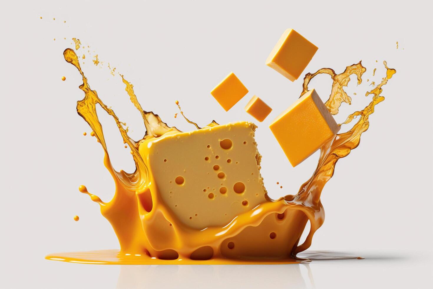 A delicious melting cheese splash in a realistic style. Hot cheese or cheddar splash. Tasty cheese liquid splash. Cheese sauce crown splash. For italian food, world cheese day, dessert by photo