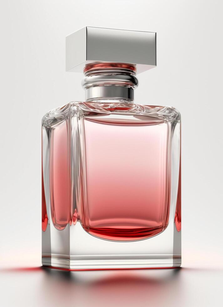 A high class bottle of glass perfume with light red liquid. Aromatic perfume bottles on white background. Beauty product, cosmetic, perfume day, fragrance day or perfume launch event by photo