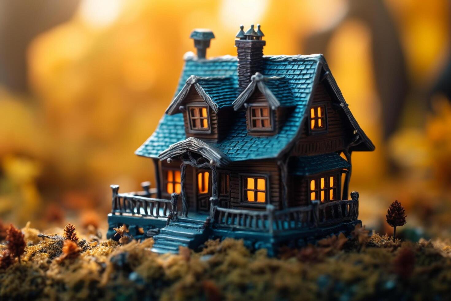 Haunted house on halloween celebration concept. Spooky house halloween background with deserted building and pumpkin. Scary house with creepy building at night by photo