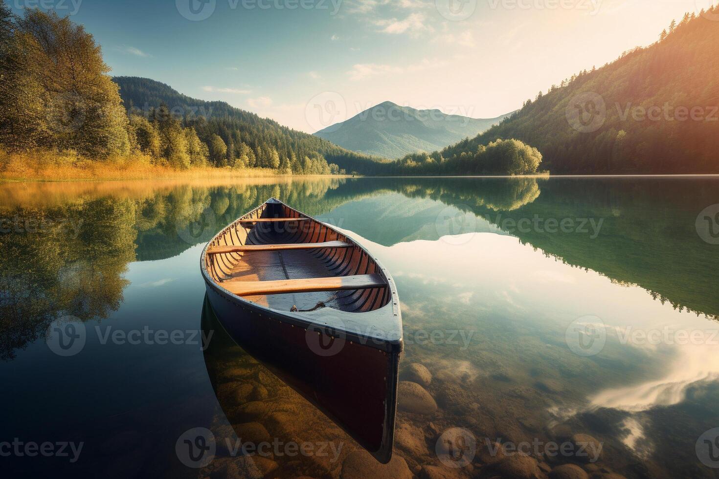 Canoe floating on a serene mountain lake surrounded by tall pine trees on a peaceful morning. photo