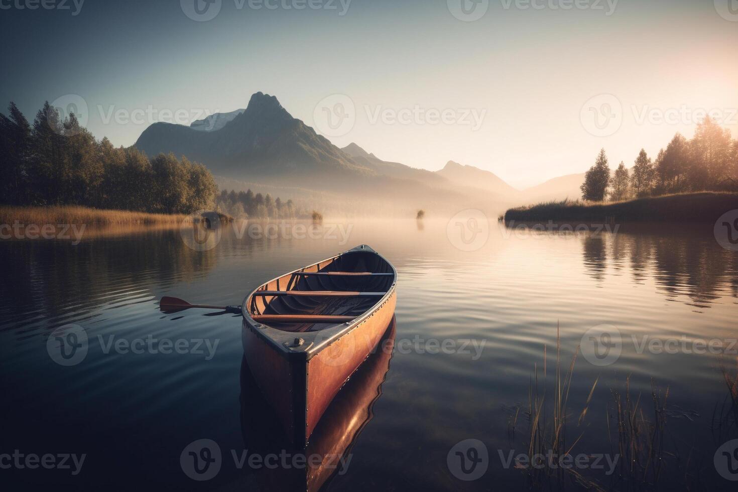 Canoe floating on a serene mountain lake surrounded by tall pine trees on a peaceful morning. photo