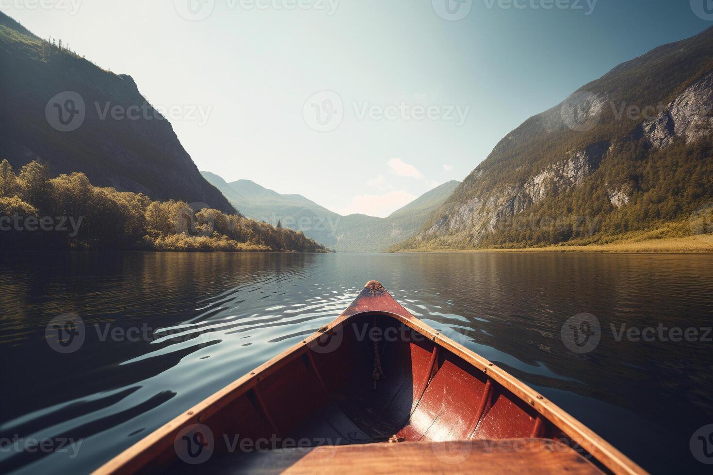 canoa flotante en un sereno montaña lago rodeado por alto pino arboles en un pacífico Mañana. ai generado foto