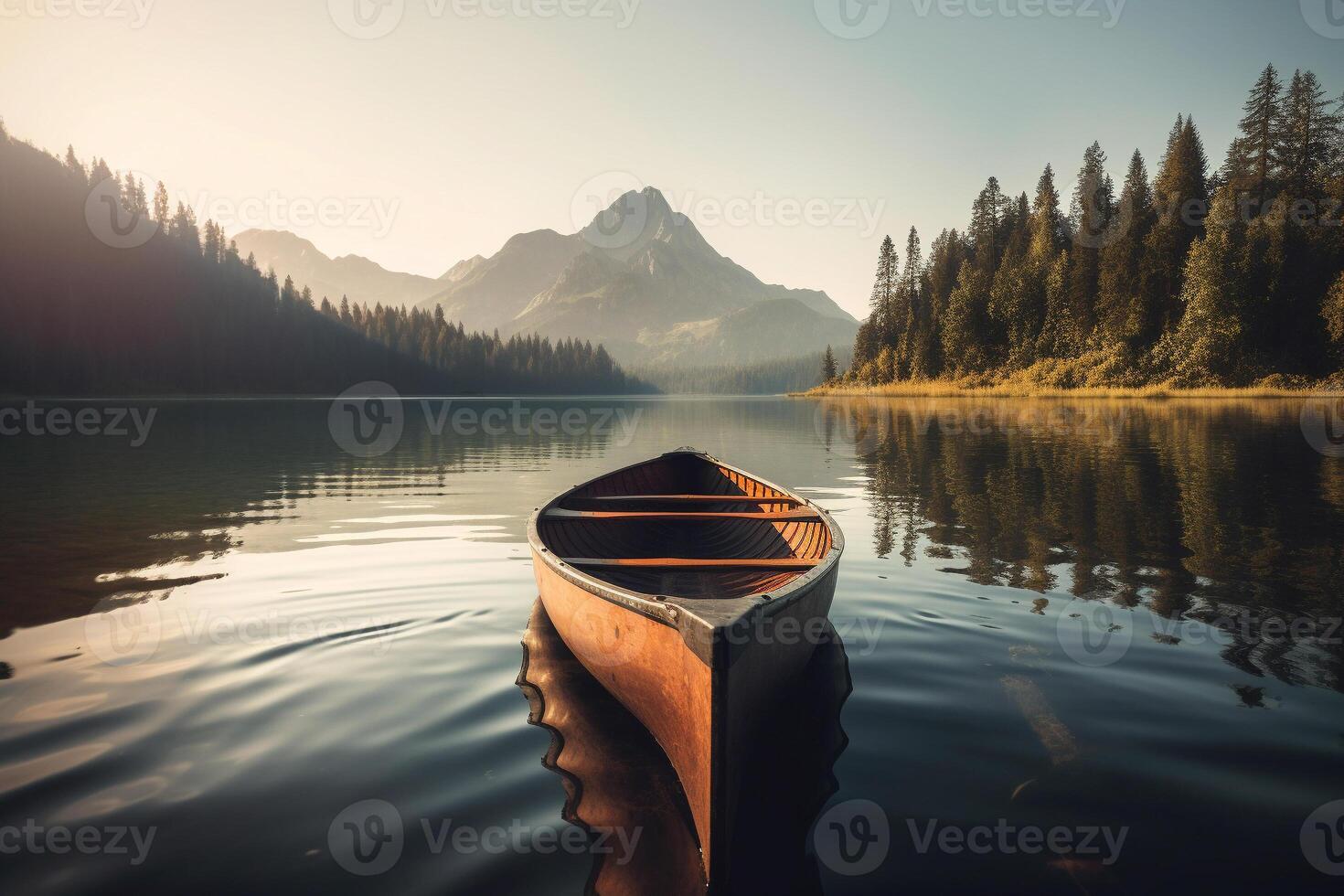 Canoe floating on a serene mountain lake surrounded by tall pine trees on a peaceful morning. photo