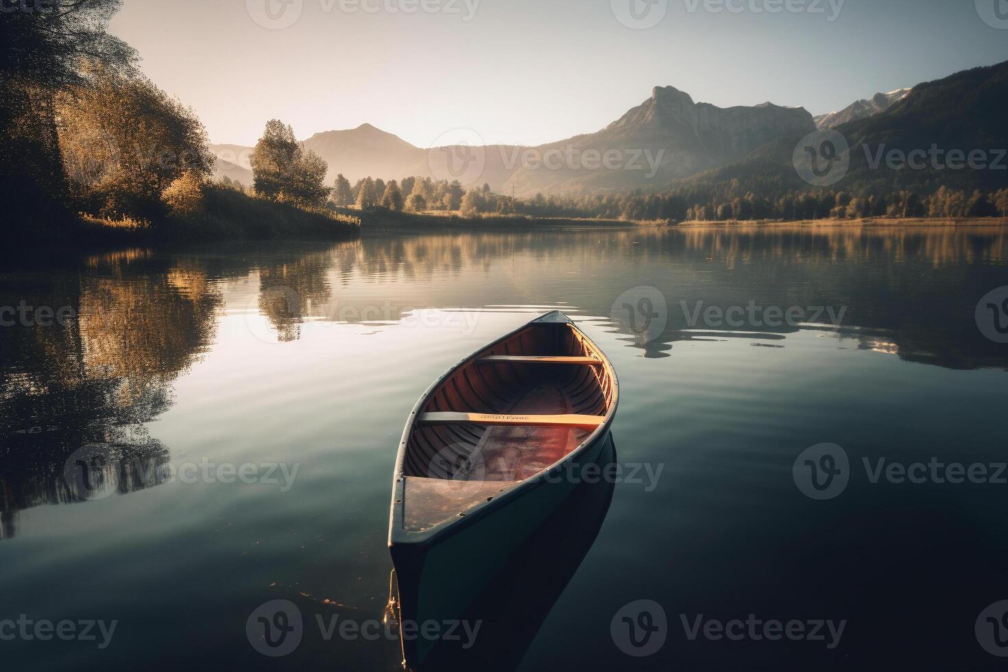 canoa flotante en un sereno montaña lago rodeado por alto pino arboles en un pacífico Mañana. ai generado foto