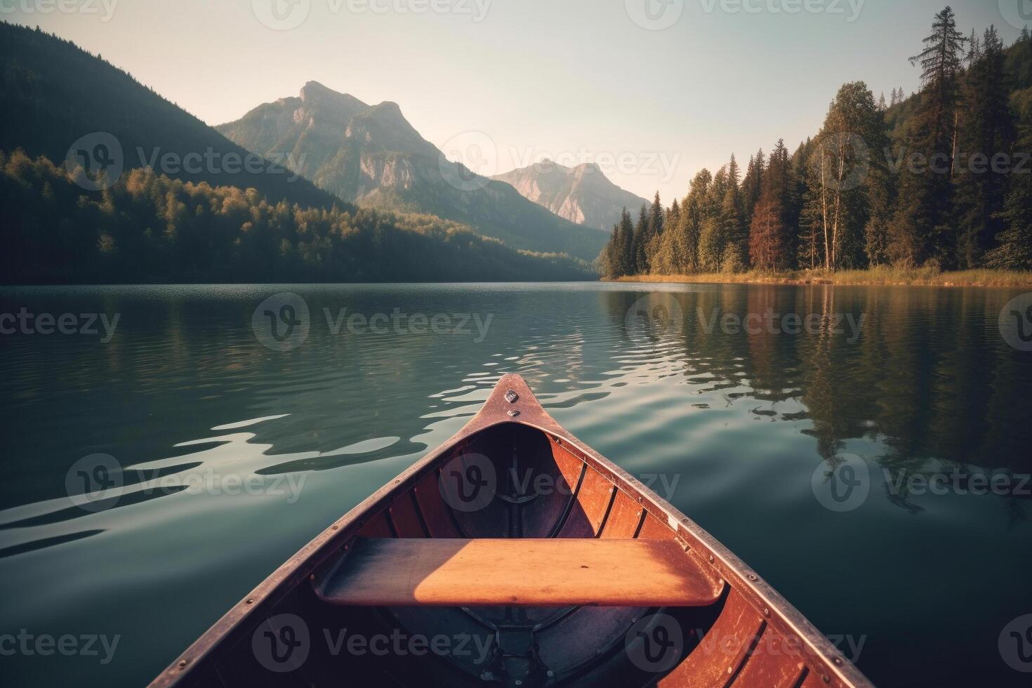 canoa flotante en un sereno montaña lago rodeado por alto pino arboles en un pacífico Mañana. ai generado foto