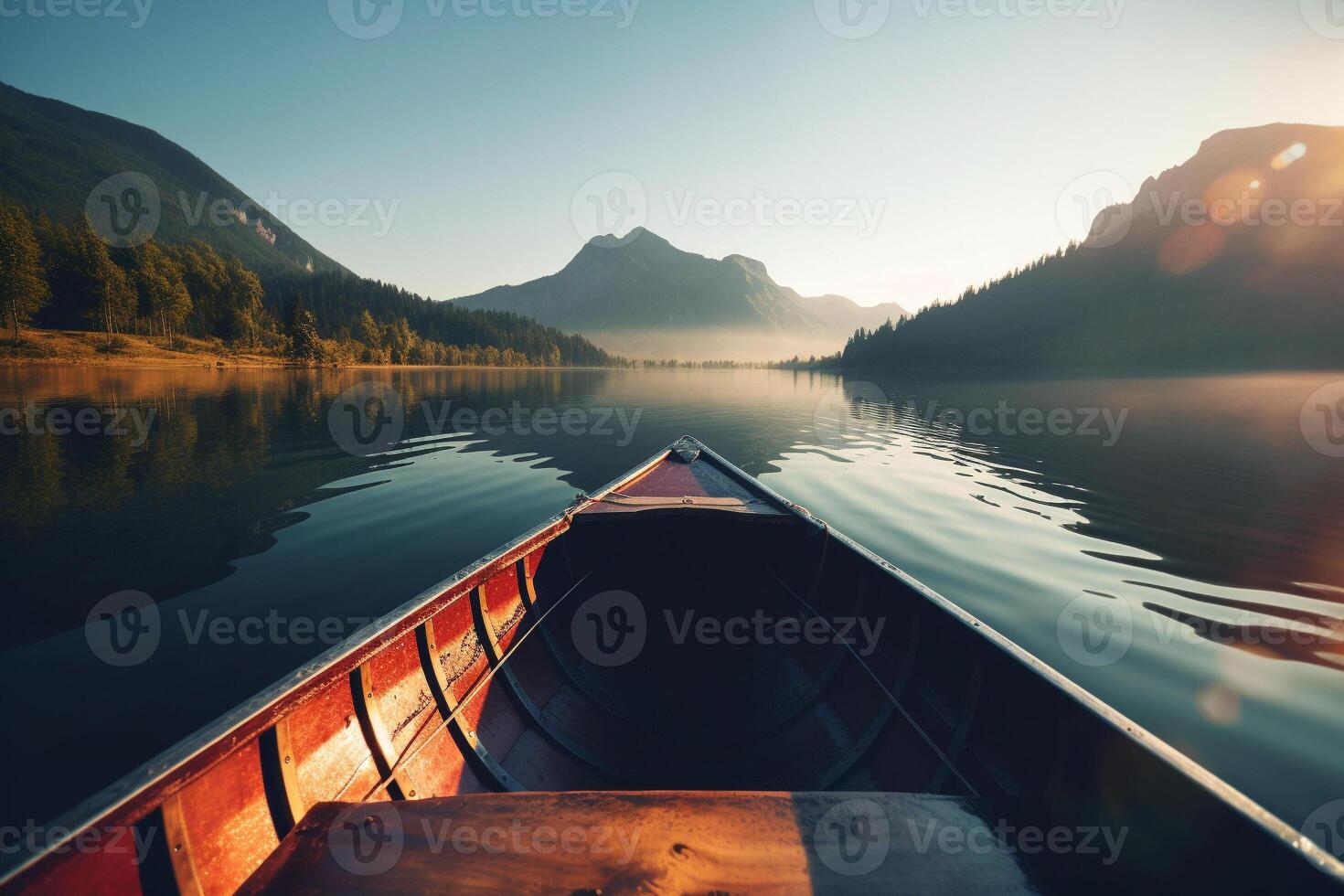 canoa flotante en un sereno montaña lago rodeado por alto pino arboles en un pacífico Mañana. ai generado foto