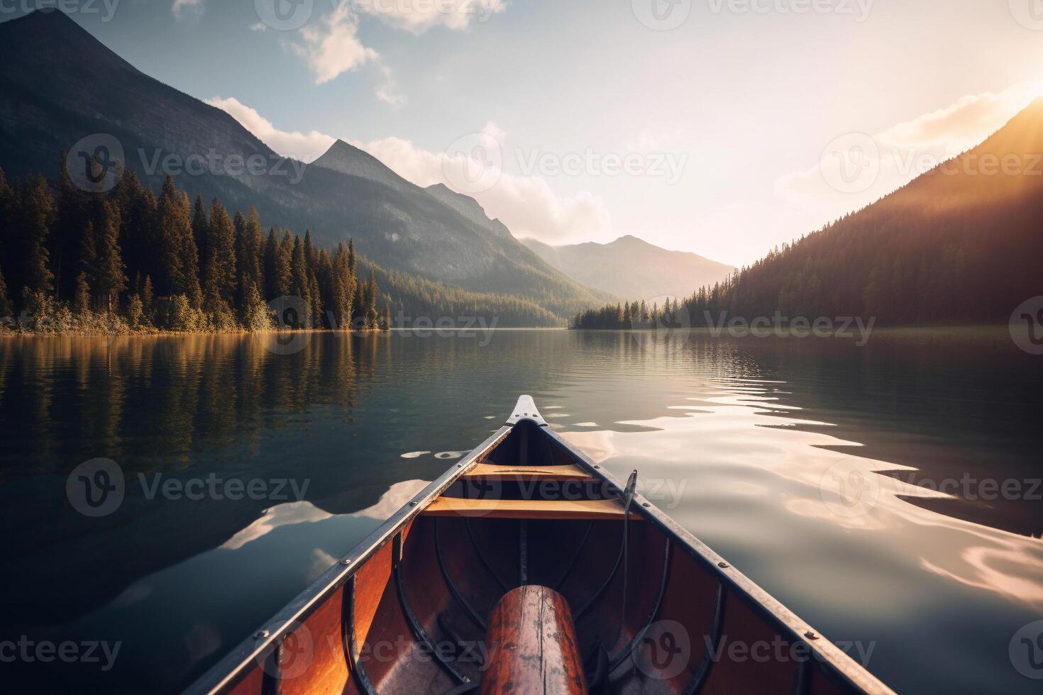 canoa flotante en un sereno montaña lago rodeado por alto pino arboles en un pacífico Mañana. ai generado foto