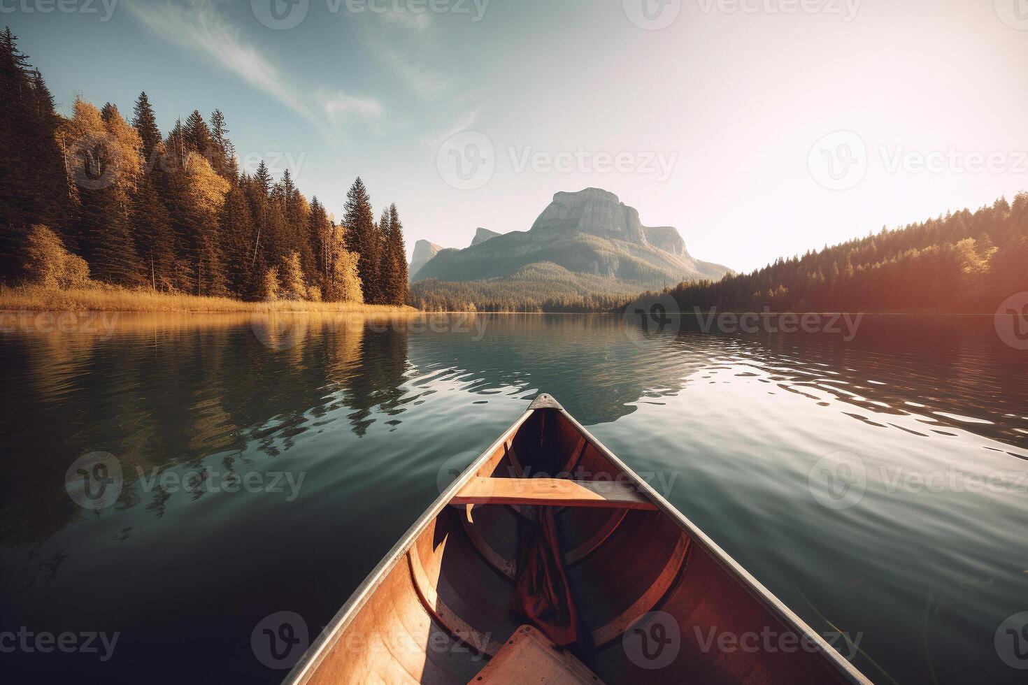 canoa flotante en un sereno montaña lago rodeado por alto pino arboles en un pacífico Mañana. ai generado foto